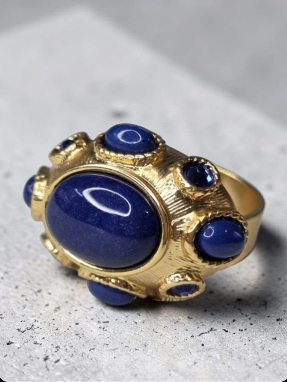 18k Matte Gold Plated Lapis Lazuli Sapphire Crystal Byzantine Statement Ring